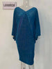 V Collar Pleats Batwing Sleeve Loose Dress For Women Print Clothing Vestido YE853