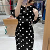 Elegant Women Dots Print Dress Summer Slim 3/4 Sleeve Vestidos V-Neck Party Midi Robe Office Pocket Dresses
