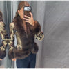 Printed Faux Fur Splicing Jacket Autumn Winter V-neck Slim Waist Cinched Full Sleeve Cropped Coat Women's Outwear