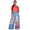 Women Fake Denim 3D floral Print Loose Wide Leg Jogger Pants Streetwear Active Hip Hop Sweatpants Trousers