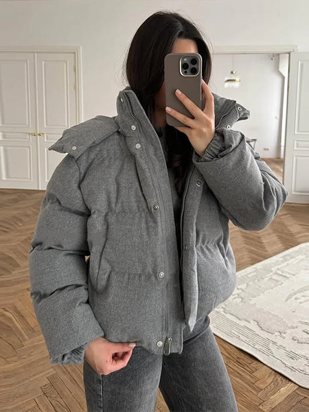 Women Hooded Stand Collar Cropped Puffer Jacket Zip Snap Button Loose Slim Short Quilted Casual Winter Warm Outerwear Coat