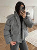 Women Hooded Stand Collar Cropped Puffer Jacket Zip Snap Button Loose Slim Short Quilted Casual Winter Warm Outerwear Coat