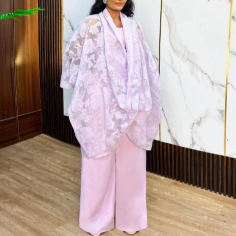 Elegant Women Ceremony Two Piece Set V Neck Floral Lace Cape Top High Waist Wide Leg Pant Festival Wedding Guest Party Occasion
