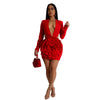 Women Rose Floral Applique Long Sleeve Bodycon Mini Midi Dress Winter V-neck Club Sexy Party Evening Dresses Vestidos