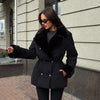 Thicken Contrast Corduroy Jackets Women Lapel Long Sleeves Double Breasted Warm Padded Coats Female Winter Outwears