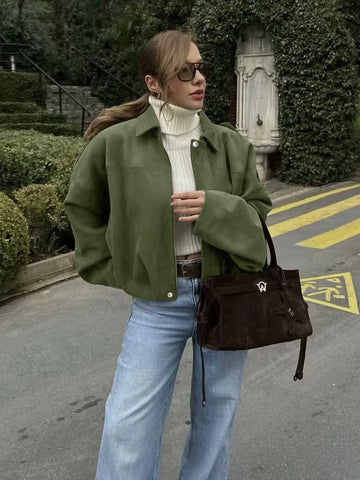 Women's Loose Drop Shoulder Zip-Up Cargo Jacket Casual Top Green Suede Jacket Long Sleeve Oversize Bomber Coats