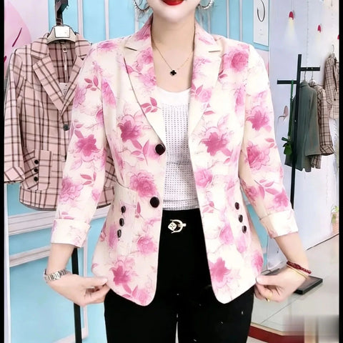 Net Red Women Printed Blazer Spring And Autumn Female Korean Casual Short Slim Retro Long-sleeved One Button Suit Coat