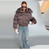 Solid Hooded Cropped Puffer Jacket Women Stand Collar Snap Button Loose Long Sleeve Jackets Winter Casual Warm Padded Coat