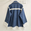 French Style Autumn Denim Polo Collar Lace Hollow Out Color-Contrast Women's Top Casual Jackets