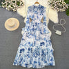 Court Style Long Dresses for Women Floral Print Flare Sleeve Stand Collar Female Elegant Vestidos Chiffon Maxi Dress