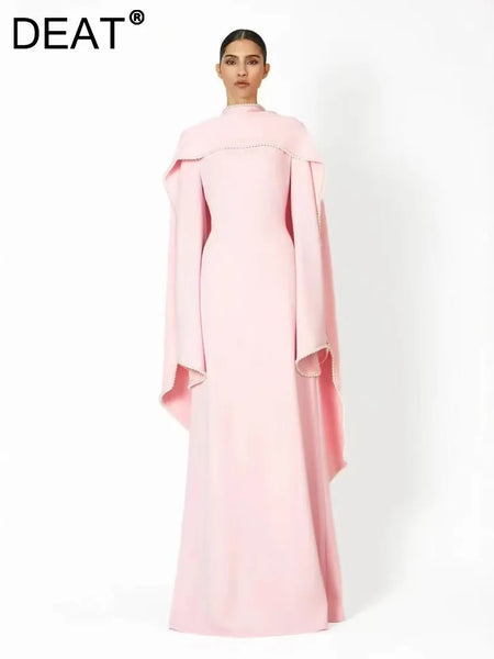High Neck Cape Sleeve Slim-Fit Maxi Dress Pearl Trim Solid Color Floor Length Modest Abaya Style Formal Occasion Women
