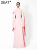 High Neck Cape Sleeve Slim-Fit Maxi Dress Pearl Trim Solid Color Floor Length Modest Abaya Style Formal Occasion Women