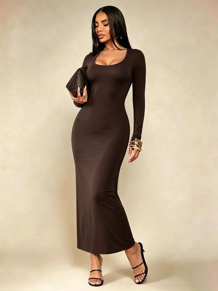 Women's Solid Long Sleeve Bodycon Dress, Chic Basic Minimalist Causual Scoop Neck Long Dress, Womenswear