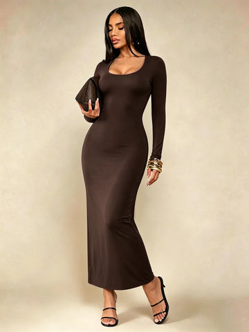 Women's Solid Long Sleeve Bodycon Dress, Chic Basic Minimalist Causual Scoop Neck Long Dress, Womenswear