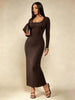 Women's Solid Long Sleeve Bodycon Dress, Chic Basic Minimalist Causual Scoop Neck Long Dress, Womenswear