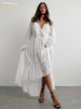 Sexy Loose White Women's Dress V-Neck Long Sleeve Ankle Length Dresses Elegant Classic Pleated Female Dress