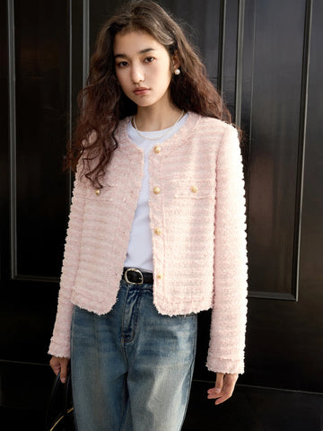 Women Tweed Jackets Office Lady Pink Short Casual Coats Round Neck Front Shoulder Female Spring Tweed Coats 25ZQ91153