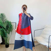Long Pleated Dress For Women Round Neck Color Block Loose Style Printing Elegant Ladies Festival Party Clothing 2R8600