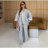 Striped Print Shirt Pants Set Turn Down Collar Three Quarter Sleeve Blouses Wide Leg Trousers Suit Casual Chic Women Outfit