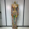 Sparkly Rhinestone Stretchy Mesh See Through Dress Women Performance Dancer Costume Rompers Party Nightclub Stage Outfit