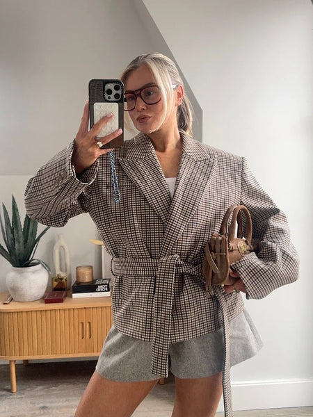 Checked Lapel Jacket Shorts Set Women Long Sleeve Buttons Belt Pocket Loose Blazer Suit Lady Office Commute Outfit