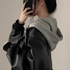Korean Black PU Leather Jacket Women Hooded Loose Spring Autumn Zipper Fake Two-Piece Versatile Outerwear