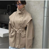 Solid Stand Collar Trench Short Coats Button Long Sleeve Pocket Zipper Windbreaker Lady High Street Outerwear