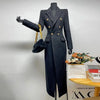 Women's Black Long Wool Coat Autumn Winter Tweed Jacket Lapel Double-Breasted Elegant Fitted Long Outerwear