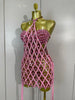 Women Sparkly Diamonds Pink Mesh Transparent Top Dress Two Piece Set Sexy Evening Party Celebrate Birthday PhotoShoot Stage Wear