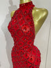 Sparkly Red Rhinestones Feather Sexy Mesh See Through Long Dress Women Birthday Evening Nightclub DJ Dancer Stage Costume