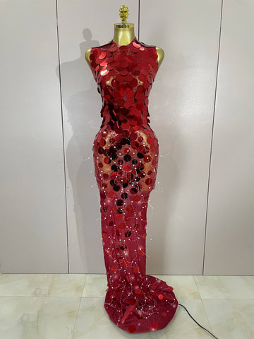Birthday Party Women Sparkly Sequins Sexy Mesh Maxi Dress Evening Celebrate Performance Singer Nightclub Stage Costume