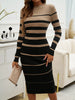 Office Ladies Knitted Dress Elegant Striped Print Slim Long-sleeved Dress Autumn Winter