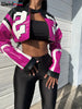 Faux Leather Varsity Jacket Women Hipster Letter Print Autumn Casual Sporty Wild Streetwear Uniform Crop Coat
