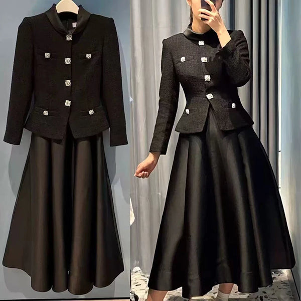 Autumn Winter Tweed Splice Dress Women Elegant Temperament Fake Two Pieces Stand Collar Evening Dresses Ladies