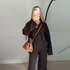 Brown V-Neck Knit Shirt Pants Set Women Solid Long Sleeve Top Empire Straight Loose Trousers Lady Spring Suit