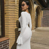 Women Elegant Ruffle Hem White Long Dress Shirring V-neck Flare Long Sleeve Dresses Evening Party Robes Vestido