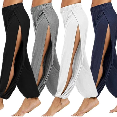Women Yoga Pants High Waisted Slit Wide Leg Haren Pants Gym Leggings Casual Solid Hollow Workout Trousers Gym Home Wear