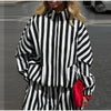 Vertical Stripe Two Piece Outfit Stand Collar Zip Up Jacket Elastic Waist Wide Leg Pants Loose Women Casual High Street Set