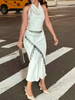 Lace Crop Top And Slit Long Skirt 2 Piece Set Women's Sexy Deep V Neck Tops High Waist Slim Dress Sets Elegant Outfit