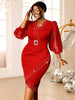 Red Evening Dress V-neck Bead Belt Mesh Lantern Long Sleeve Sexy Women's Party Classy Office Ladies Wedding Guest Gowns