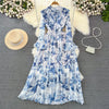 Court Style Long Dresses for Women Floral Print Flare Sleeve Stand Collar Female Elegant Vestidos Chiffon Maxi Dress