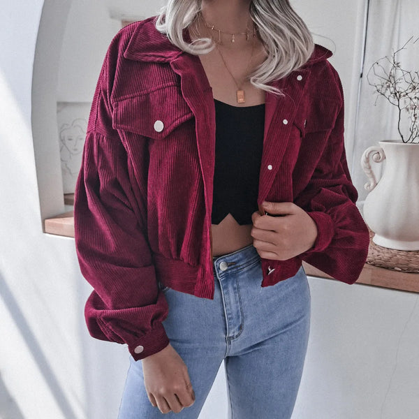 Autumn Winter Corduroy Short Coat Solid Turn-Down Collar Lantern Long Sleeve Jacket Single Breasted Women Clothes Casual