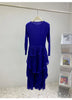 Royal Blue Pleated French Women's Dress Chic Ruffled Irregular Tie Design Long Sleeve Clothing 2DB3939