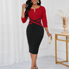 Womens Elegant Front Zipper Work Office Knee Length Colorblock Business Casual Party Bodycon Sheath Dress