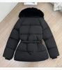 Winter Women Short Puffer Jacket Faux Fur Lapel Collar Waist Belt Design Solid Color Warm Elegant Daily Ladies Outerwear
