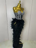 Stock Women Sexy Sparkly Rhinestone Mesh Feather Long Dress Elegant Evening Party Celebrate Birthday Performance Costume