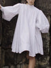 Women's White Stand Collar Pleated Mini Dresses Long Puff Sleeves Buttoned Oversized Casual Cotton Shirts Dress