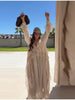 Casual Solid Ruffles Patchwork Robe Women Minimalist Full Sleeve Mesh Loose Fit Lace Up Maxi Dress Vacation Daily Date Wear