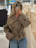 Plaid Windbreaker Grid Jacket Lapel Collar Double Breasted Trench Woman Coat Waist Tie Belt Long Sleeve Short Top Casual Clothes