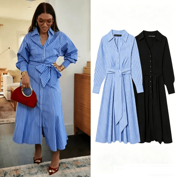 Stripe Shirt Dress Women's Single Breasted Belted Long Dress Multicolor for Spring Commute Holiday